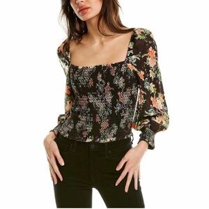 Alice + Olivia Black Floral Smocked Square-Neck Blouse with Puff Sleeves
